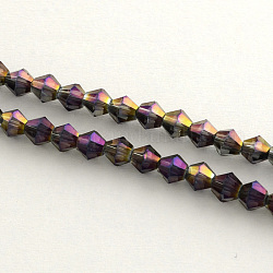 Chapelets de perles en verre électroplaqué, arc-en-ciel plaqué, toupie avec facettes, violet, 4x4.5mm, Trou: 1mm, 92~96 pcs / chapelet, 13.78~14.37 pouce