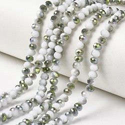 Chapelets de perles en verre opaque électrolytique, moitié vert plaqué, facette, rondelle, blanc, 4x3mm, Trou: 0.4mm, Environ 130 pcs/chapelet, 16.54 pouce (42 cm)