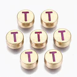 Legierung Emaille-Perlen, cadmiumfrei und bleifrei, flach rund mit Anfangsbuchstaben, Licht Gold, Orchidee, letter.t, 8x4 mm, Bohrung: 1.5 mm