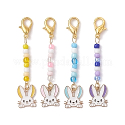 4 pièces 4 couleurs tête de lapin alliage émail pendentif décorations, avec des perles en verre de graine, couleur mixte, 67mm, 1 pc / couleur, 4 pièces / kit