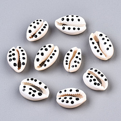 Perles de coquillage cauri naturelles, avec motif à pois en émail, pas de trous / non percés, blanc, 16~19x10~12.5x7mm