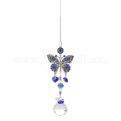 Attrape-soleil à prisme sphérique en verre, décorations de pendentif papillon mauvais œil, avec accessoire en alliage, chaîne en fer, bleu, 378mm