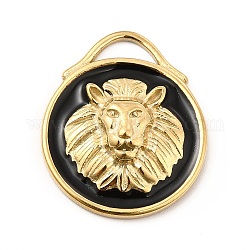 Placage ionique (ip) 304 pendentifs en émail en acier inoxydable, plat rond avec breloque lion, or, 22x18.5x4mm, Trou: 6x2.5mm