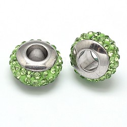 Perles européennes rondelles en 304 acier inoxydable avec strass en pâte polymère, avec double côté noyau de couleur platine, couleur inoxydable, péridot, 10x6mm, Trou: 4mm