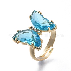 Anillos de dedo de vidrio de latón ajustable, con un claro zirconia cúbico, mariposa, dorado, el cielo azul, tamaño de 7, diámetro interior: 17 mm