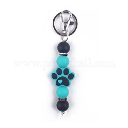 Porte-clés rond en perles de silicone à imprimé patte de chien, avec les accessoires en fer, pour accessoires de pendentif de sac à dos de voiture, turquoise foncé, 11.5 cm