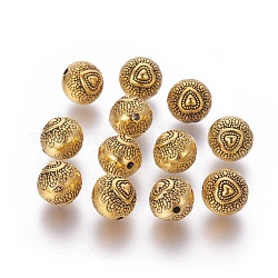 Abalorios de aleación de estilo tibetano, sin plomo y níquel y cadmio, plano y redondo, oro antiguo, 10 mm de diámetro, 8 mm de espesor, agujero: 1.5 mm