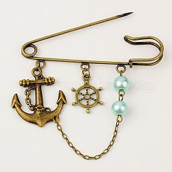 Glass Pearl Brooches, with Tibetan Style Pendants, Iron Chains and Iron Kilt Pins, Anchor & Helm, Cyan, 66mm
