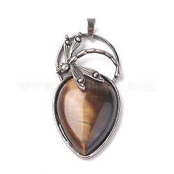 Natural Tiger Eye Pendants, with Brass Findings, teardrop, Antique Silver, 52~53x27x10~11mm, Hole: 8x5mm