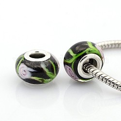 Handmade Lampwork European Large Hole Rondelle Beads, Inner Flower, with Silver Plated Brass Double Cores, Black, 14x9mm, Hole: 5mm