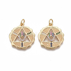 Brass Micro Pave Cubic Zirconia Pendants, with Jump Ring, Nickel Free, Flat Round with Hamsa Hand, Colorful, Real 18K Gold Plated, 22.5x20.5x2.5mm, Hole: 3mm