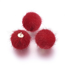 Handmade Plush Cloth Fabric Covered, with CCB Plastic Findings, Round, Golden, Red, 17x15mm, Hole: 1.5mm
