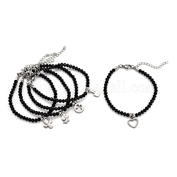 Bracelets avec breloque en 304 acier inoxydable, avec des perles de verre rondelles, facette, formes mixtes, noir, couleur inoxydable, 6-7/8 pouce (17.6 cm)