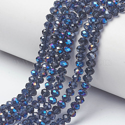 Abalorios de vidrio electroplate hebras, medio chapado, azul chapado, facetados, rerondana plana, azul medianoche, 6x5mm, agujero: 1 mm, aproximamente 85~88 pcs / cadena, 16.1~16.5 pulgada (41~42 cm)