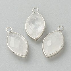 Pendentifs de cristal de quartz naturel, pendentifs en cristal de roche, avec bord en laiton platine, facette, oeil de cheval, 22x12x5.5mm, Trou: 1.8mm