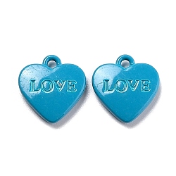 Heart Alloy Spray Painted Charms, Word LOVE, Deep Sky Blue, 12x11.5x2.5mm, Hole: 1.4mm