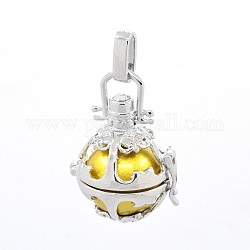 Round Brass Cage Pendants, Chime Ball Pendants, with Brass Spray Painted Bell Beads, Platinum, Lead Free & Nickel Free & Cadmium Free, Yellow, 29x23x19.5mm, Hole: 7x3mm