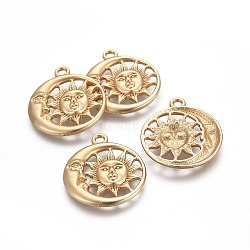 Alloy Pendants, Sun & Moon, Lead Free & Nickel Free & Cadmium Free, Real 18K Gold Plated, Matte Gold Color, 30x26.5x3mm, Hole: 2.5mm