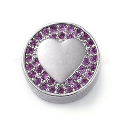 Messing Mikro ebnen Zirkonia Perlen, flach rund mit Herz, lila, Platin Farbe, 12x5 mm, Bohrung: 2 mm