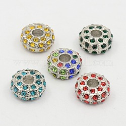 Alloy European Beads, with Grade A Rhinestone Beads, Large Hole Beads, Rondelle, Platinum Metal Color, Mixed Color, 14x7mm, Hole: 5mm