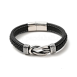 304 bracelet à maillons en acier inoxydable avec fermoir magnétique, bracelet gothique avec cordon en cuir microfibre pour homme femme, noir, 8-7/8 pouce (22.5 cm)