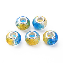 Perline europee in resina bicolore crackle, perline con foro grande, con doppio nucleo in ottone tono argento, rondelle, giallo, 14x9.5mm, Foro: 5 mm