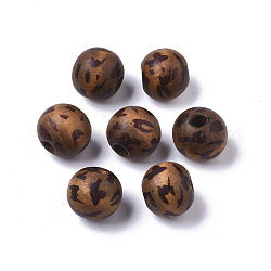 Perles de bois naturel imprimées, teinte, rond avec imprimé léopard, brun coco, 12mm, Trou: 3mm