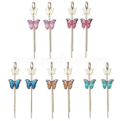 Orecchini pendenti a monachella con farfalla in lega, 304 orecchini con nappe con catene in acciaio inossidabile, colore misto, 90x22mm