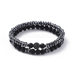 Stretch Bracelet Sets, with Non-magnetic Synthetic Hematite Bead & Brass Cubic Zirconia Beaded Bracelets and Natural Black Agate(Dyed) Beaded Bracelets, Black, 2-1/8 inch(53mm), 2pcs/set