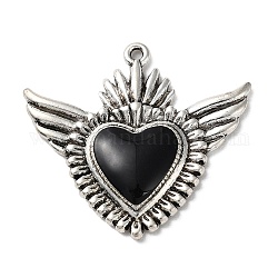 Colgantes de la aleación, con esmalte negro, plata antigua, encanto de corazón con ala, 36x39x4mm