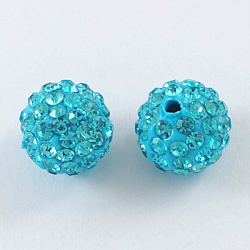 Pave Disco Ball Beads, Polymer Clay Rhinestone Beads, Round, Aquamarine, 10mm, Hole: 1.5mm