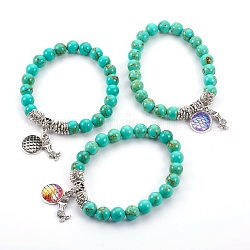 Synthetic Turquoise(Dyed) Beads Stretch Charm Bracelets, with Tibetan Style Alloy Pendant, Resin and Brass Finding, Mermaid Shaped, 2-1/4 inch(5.8cm)