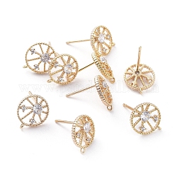 Brass Stud Earring Findings, with Loop and Clear Cubic Zirconia, Flat Round, Long-Lasting Plated, Real 18K Gold Plated, 11.5x10mm, Hole: 0.8mm, Pin: 0.8mm