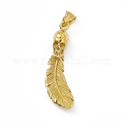 Ion Plating(IP) 304 Stainless Steel Manual Polishing Big Pendants, Skull with Feather Charm, Antique Golden, 50.5x14x10.5mm, Hole: 8.5x4.5mm