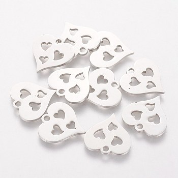 304 Stainless Steel Charms, Stamping Blank Tag, Heart with Heart, Stainless Steel Color, 14.9x14.7mm