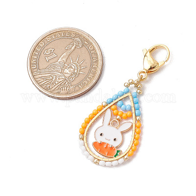Пасхальная капля стеклянный бисер и эмалированный кролик подвеска украшения HJEW-MZ00187-06-1