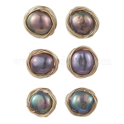 Плоские круглые серьги-гвоздики из натурального культивированного пресноводного жемчуга EJEW-JE06698-1
