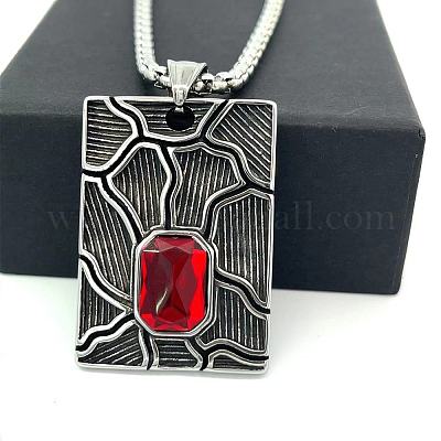 Ожерелья из нержавеющей стали в винтажном стиле с прямоугольной подвеской и рубиновыми стразами для мужчин NJ0918-1