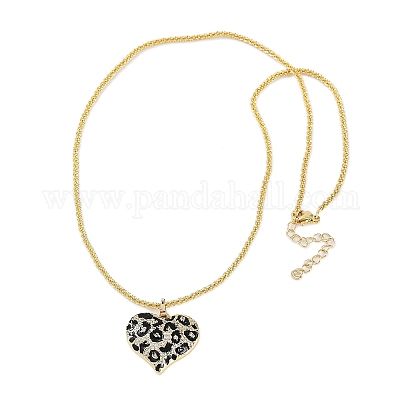 Женские ожерелья с подвеской в виде сердца из латуни с микропаве из прозрачных кубических цирконий и черным леопардовым принтом NJEW-M079-02G-1
