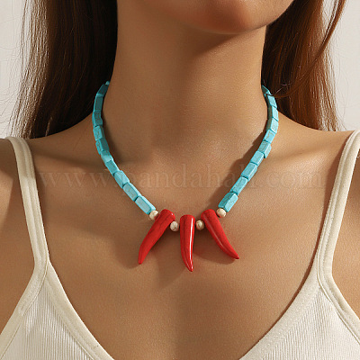 Ожерелья из кубических бусин в стиле бохо с острым перцем и синтетической бирюзой с цепочками на концах из сплава FS-WG16541-06-1