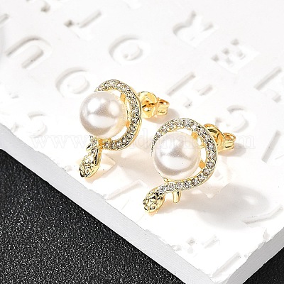 Серьги-гвоздики в форме змеи с круглыми латунными микропаве из прозрачных кубических цирконий EJEW-C154-11G-1