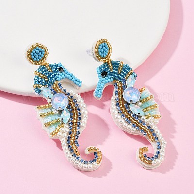 Серьги-гвоздики из стеклянных бусин в виде морского конька EJEW-S273-01-1