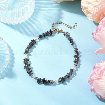 Браслеты на ногу из натурального обсидиана и стеклянных бусин AJEW-AN00682-07-1