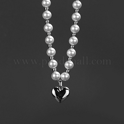 Ожерелья в стиле хип-хоп с подвеской в виде сердца из нержавеющей стали 304 и пластика с жемчугом FS-WGD9F57-01-1