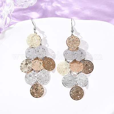 Плоские круглые серьги-подвески из нержавеющей стали 430 EJEW-A137-12M-1