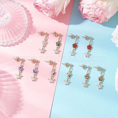 Серьги-гвоздики с подвесками из латуни с микропаве из кубических цирконий и бабочкой с цветком EJEW-JE06427-1