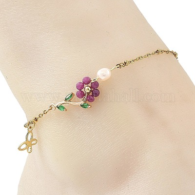 Fußkettchen aus Edelstahl 304 mit natürlicher Rubinperle und Blumenmuster für Damen&nbsp;AJEW-AN00854-1