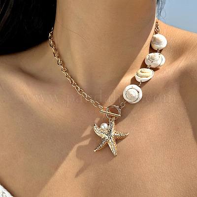 Ожерелья с подвесками из сплава и пластика с жемчугом и натуральными ракушками FS-WG9F39A-06-1