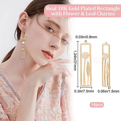 真鍮製ペンダント14個  ニッケルフリー  花と葉の長方形  18KGP本金メッキ  31x7.5x1.5mm  穴：0.8mm&nbsp;KK-BBC0006-93-1