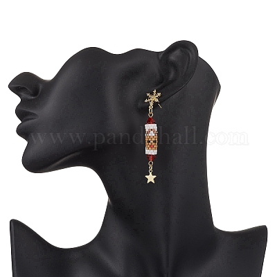 Серьги-гвоздики с подвесками из латуни с прозрачным кубическим цирконием на рождественскую тематику EJEW-MZ00552-02-1